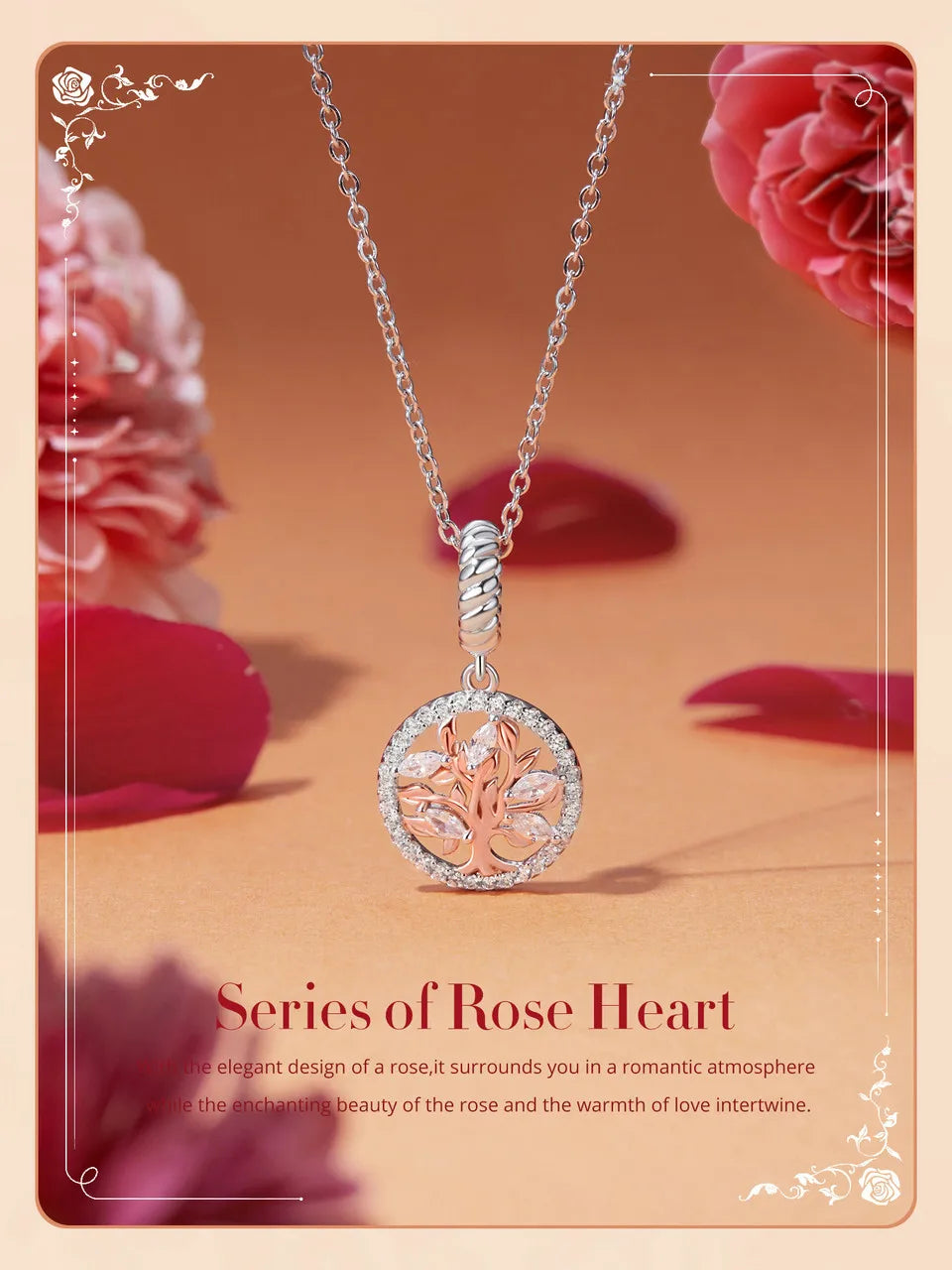 WOSTU Muttertags-Charm aus 925er-Sterlingsilber mit Rosenblüten-Anhänger, Baum des Lebens, Herzperlen, passend für Armbänder, Halsketten, DIY-Geschenk für Mama