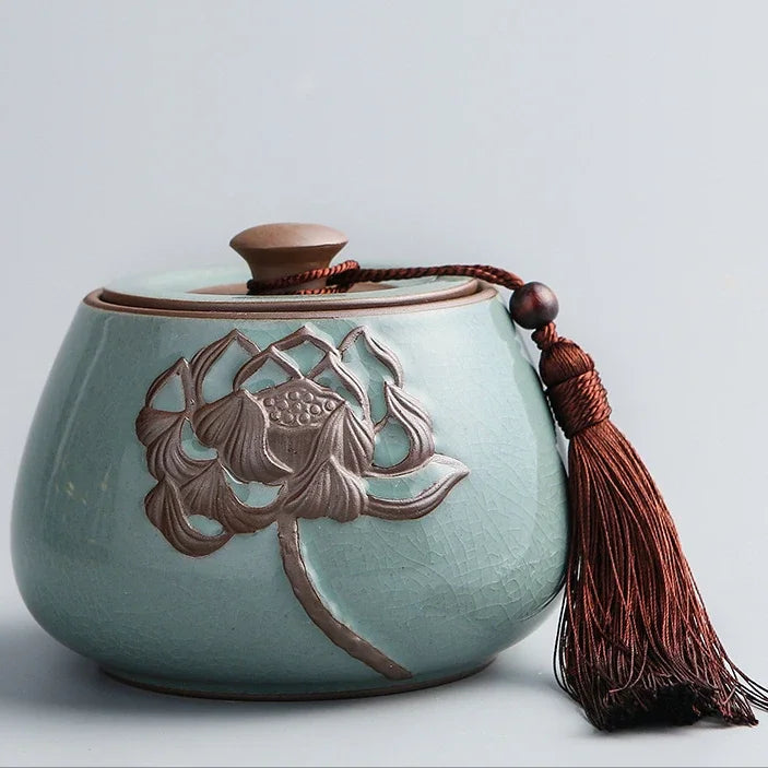 Hand-carved lotus celadon ash pet urn, dog and cat cremation urns, ceramic urns, sealed jar, funeral memorial art, large size