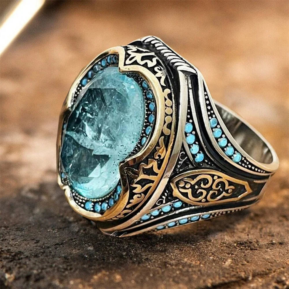 Vintage Herren handgemachte türkische blaue Zirkon Stein Ring alte Silber Farbe Muster Ring trendige islamische religiöse muslimische Schmuck