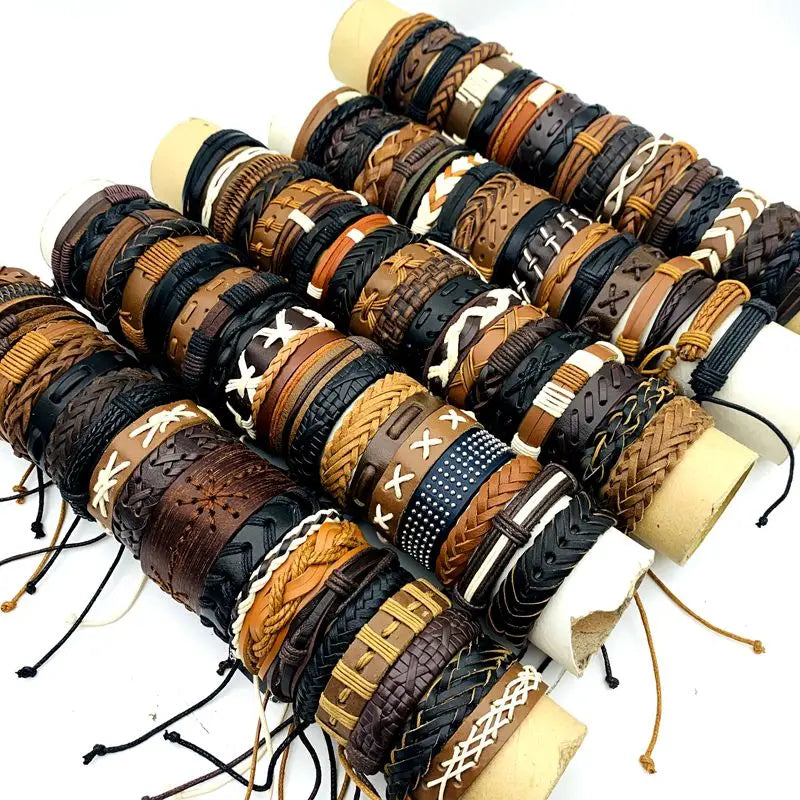 10/20/30/50/100PCs Leder Manschette Armbänder Handgemachte Retro Armreif Armbänder Schwarz/Braun Mode schmuck Party Geschenk Großhandel Lot