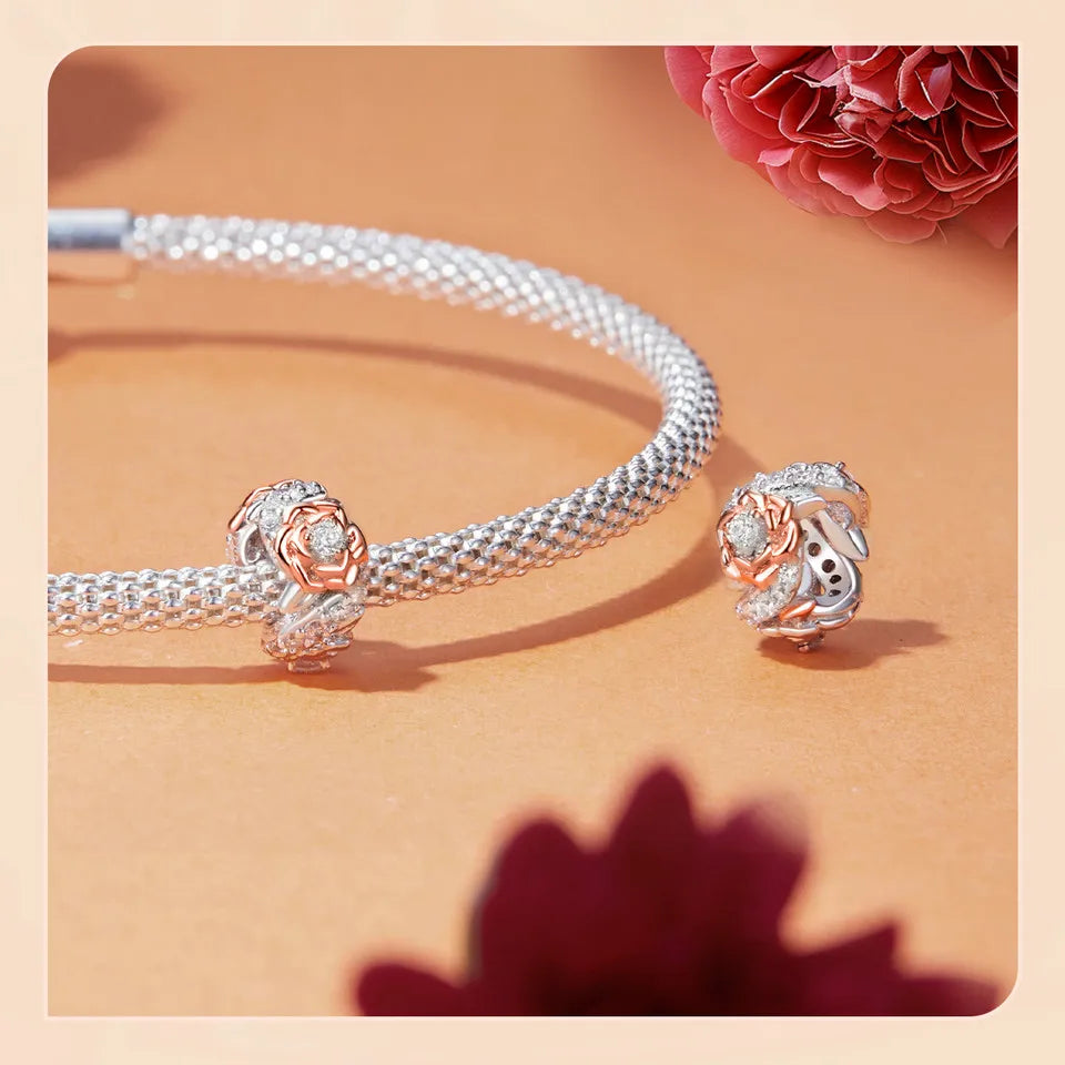 WOSTU Muttertags-Charm aus 925er-Sterlingsilber mit Rosenblüten-Anhänger, Baum des Lebens, Herzperlen, passend für Armbänder, Halsketten, DIY-Geschenk für Mama