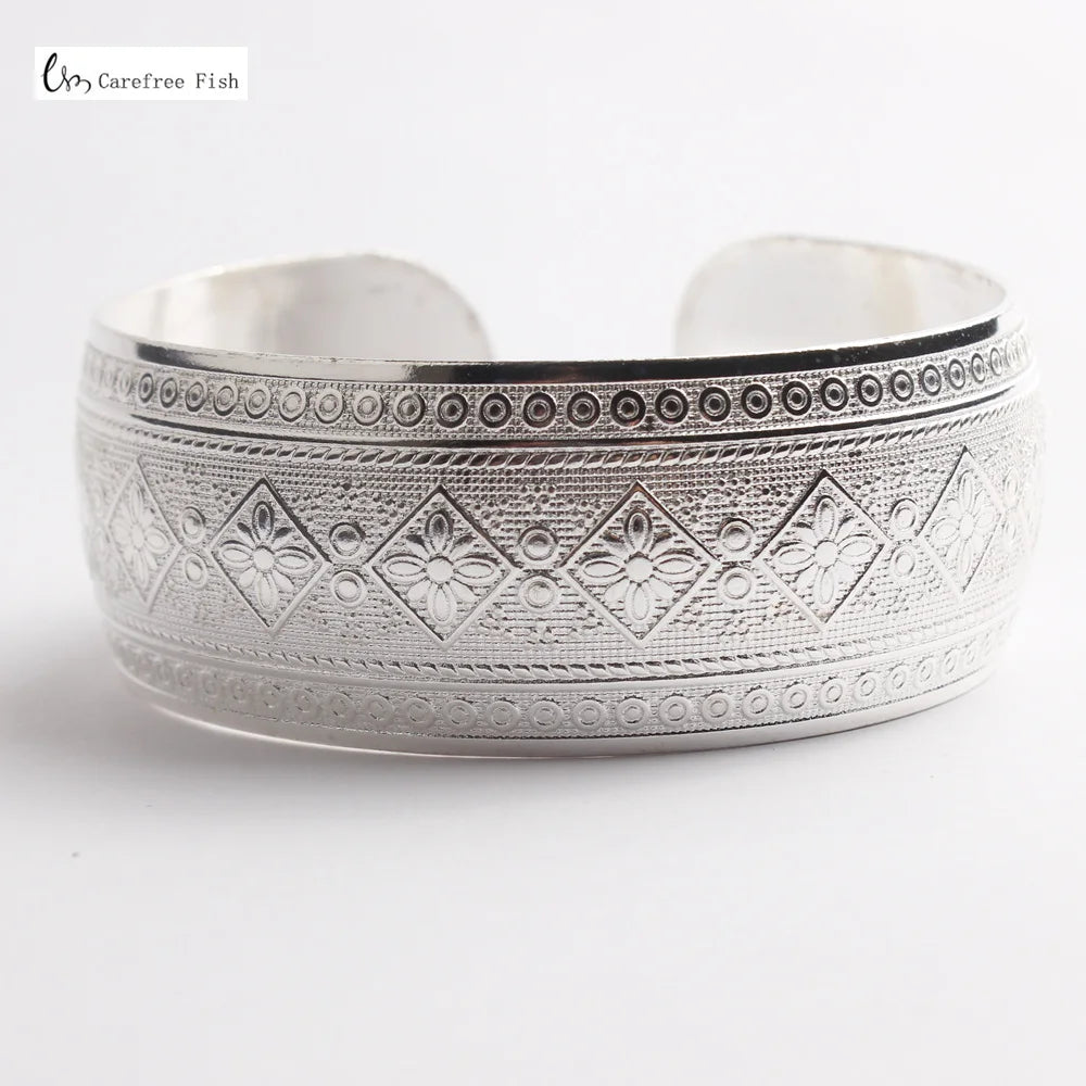 32-Stil Vintage-Manschettenarmband, tibetisch versilbert, geschnitzte Blume, Tier-Öffnungsarmreif, verstellbar, indischer Schmuck, Damen-Geschenke