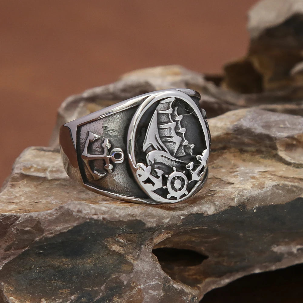 Mode Vintage Nordic Segelboot Piraten Ring Männlichen 316L Edelstahl Viking Kompass Ringe Biker Amulett Schmuck Geschenk Großhandel