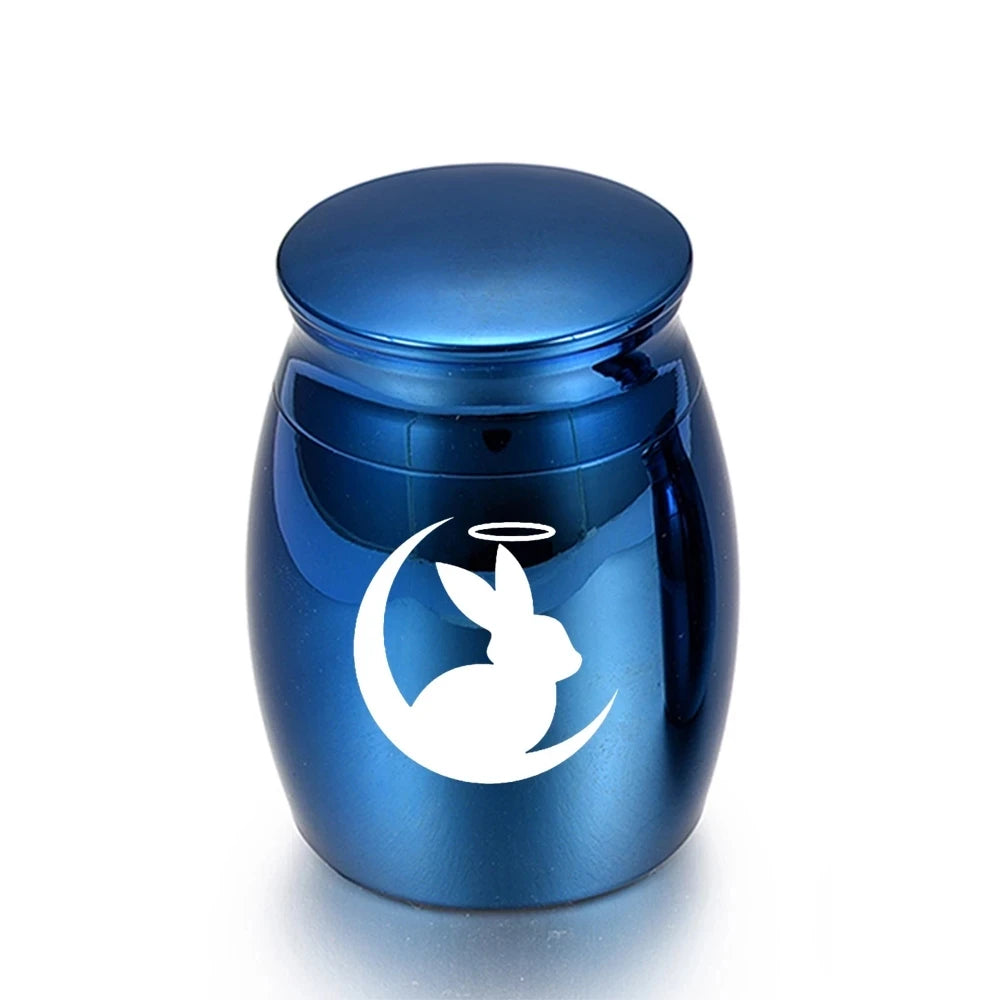 Niedlichen Kaninchen und Mond Feuerbestattung Andenken Urnen für Menschlichen Asche von Pet Mini Kleine Beerdigung Sarg Titan Edelstahl Engel Memorial jar