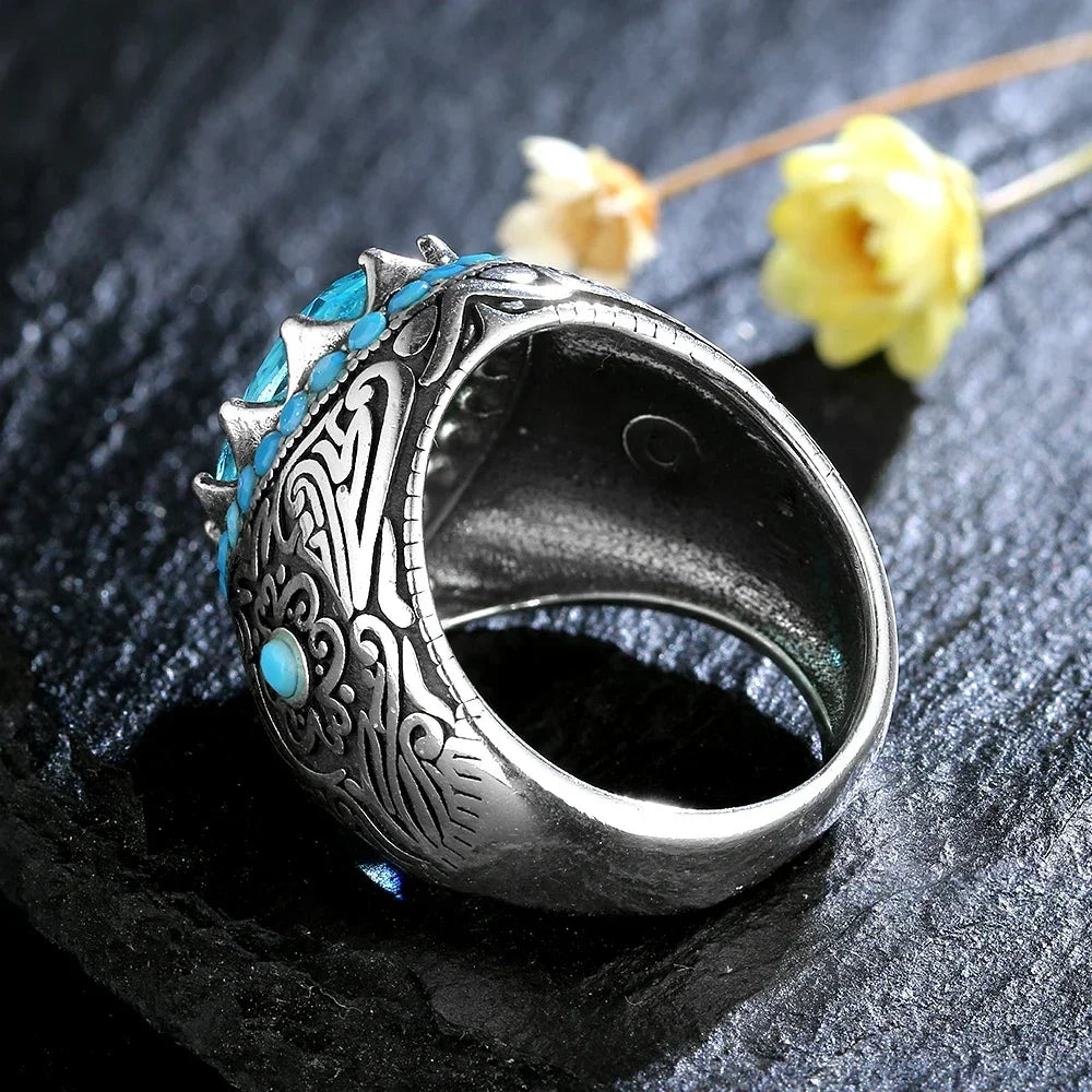 Silberring für Männer und Frauen, blauer Zirkon-Fingerring, Vintage-Edelschmuck, Aquamarin-Edelstein-Schmuck, Geschenk