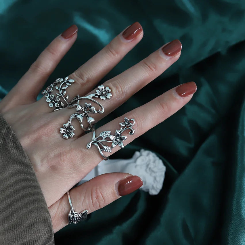 4 Teile/satz Wald Reben Blatt Blume Ring Vintage Punk Antike Geschnitzte Midi Finger Ring Frauen Böhmischen Ringe Für Männer Schmuck geschenke