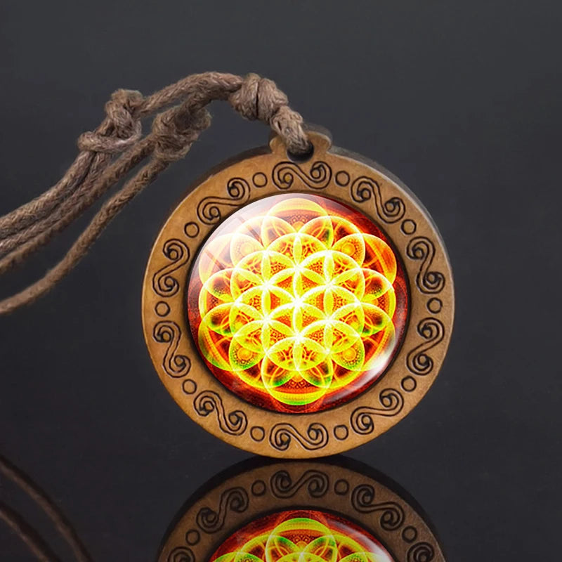 Mandala-Glas-Halskette, Retro-Kunst, Holzanhänger, buddhistische Heilige Geometrie, Schmuck, spirituelles Yoga-Geschenk