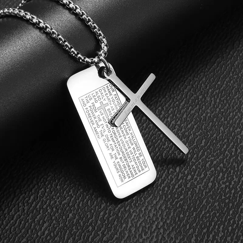 Herren-Kreuz-Halskette, Edelstahl, silberfarben, Glaube, Kreuz, Bibelvers, Erkennungsmarke, Anhänger, Halskette, Geburtstagsgeschenke für Jungen