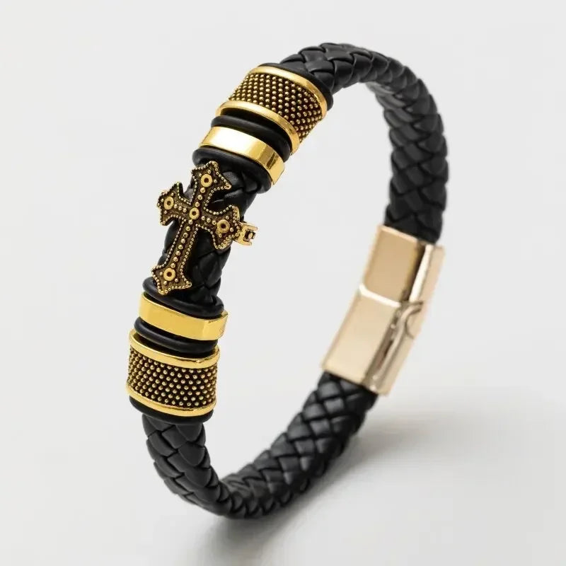 Vintage handgewebtes umweltfreundliches Leder-Kreuzarmband mit Magnetverschluss, modischer Anhänger für Herren, religiöser Amulett-Schmuck