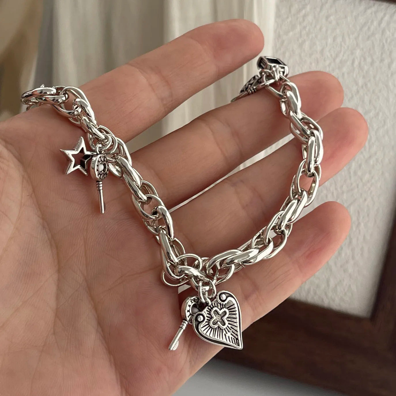 100 % massives 925er-Sterlingsilber-Retro-Armband für Damen und Herren, Vintage, handgefertigt, Vintage-Stil, Herz-Kreuz-Muster-Armband, Geburtstagsgeschenk