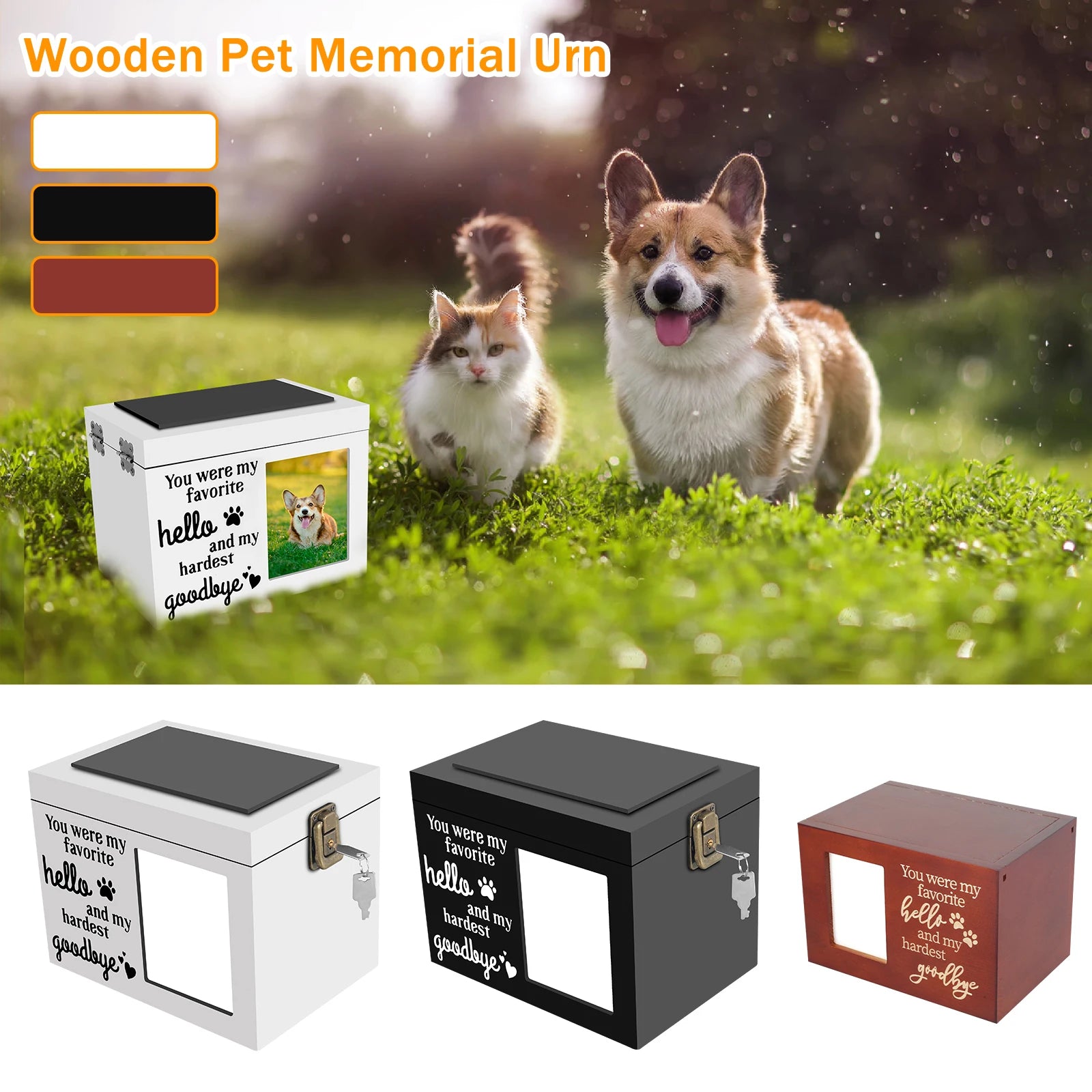 Hölzerne Haustier-Gedenkurne, DogCremation Urne mit Fotorahmen, Schlüssel und Schloss, personalisierte Haustier-Andenken-Memory-Box für Asche von Hunde oder Katzen