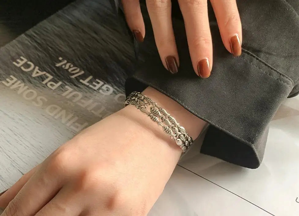 Sole Memory Retro Fisch Kreative Nette 925 Sterling Silber Weibliche Trendy Resizable Öffnung Armreifen Armband Für Frauen BR006