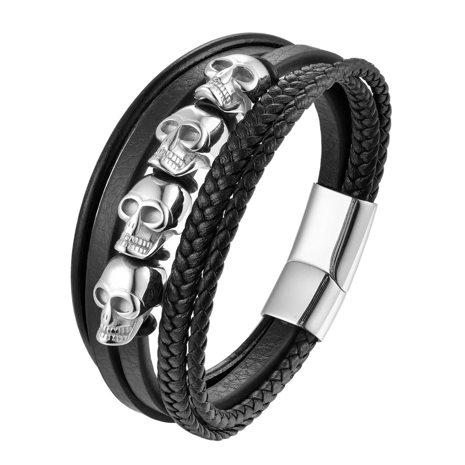 Übertreibung Männer Schmuck Schwarz Geflochtene Leder Armbänder Edelstahl Leder Armbänder Coole Schädel Armbänder Männer Armband