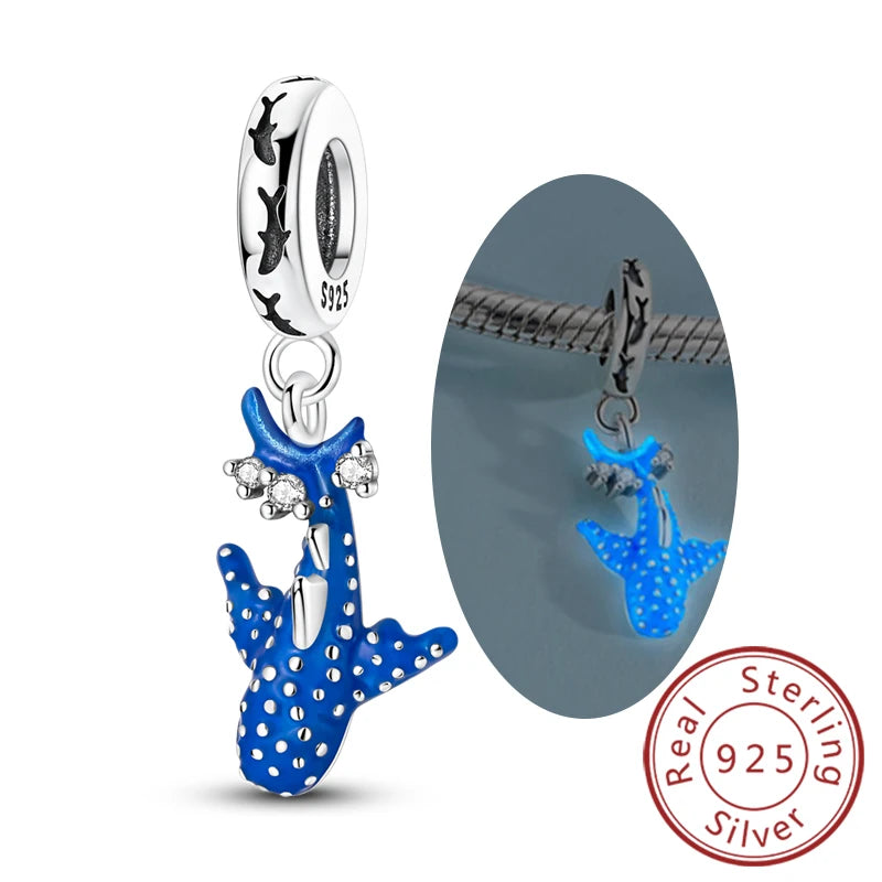 Original Charms Bead Anhänger 100 % 925 Sterling Silber Herz Delphin leuchtender Walhai Charm passend für Armband Armreif Schmuck Geschenk