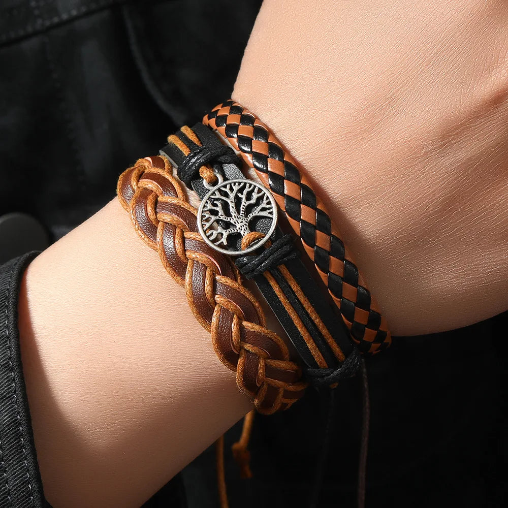 Punk Casual Bead6 Teil/satz Baum Schwarz Khaki Handgemachte Männer Armbänder Männlichen Frauen Leder Armbänder Männer Armreif Großhandel Schmuck Geschenk