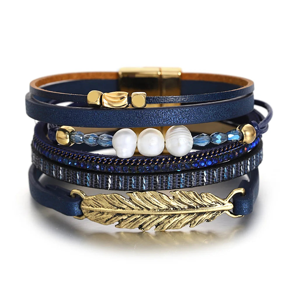 ALLYES Retro Blaue Lederarmbänder für Damen Herren Boho Charm Perle Kristall Herz Mehrschichtiges Wickelarmband & Armreif Schmuck Geschenke