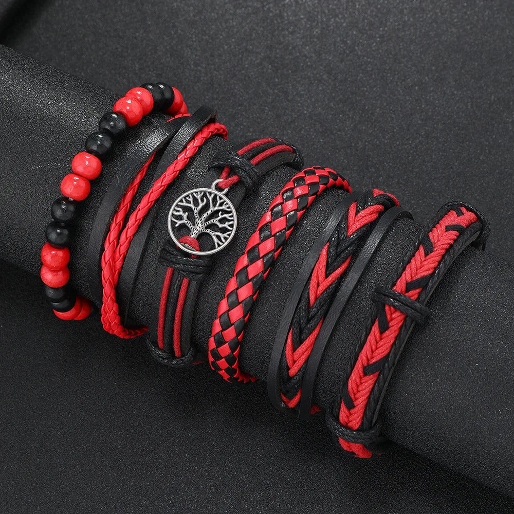 Punk Casual Bead6 Teil/satz Baum Schwarz Khaki Handgemachte Männer Armbänder Männlichen Frauen Leder Armbänder Männer Armreif Großhandel Schmuck Geschenk