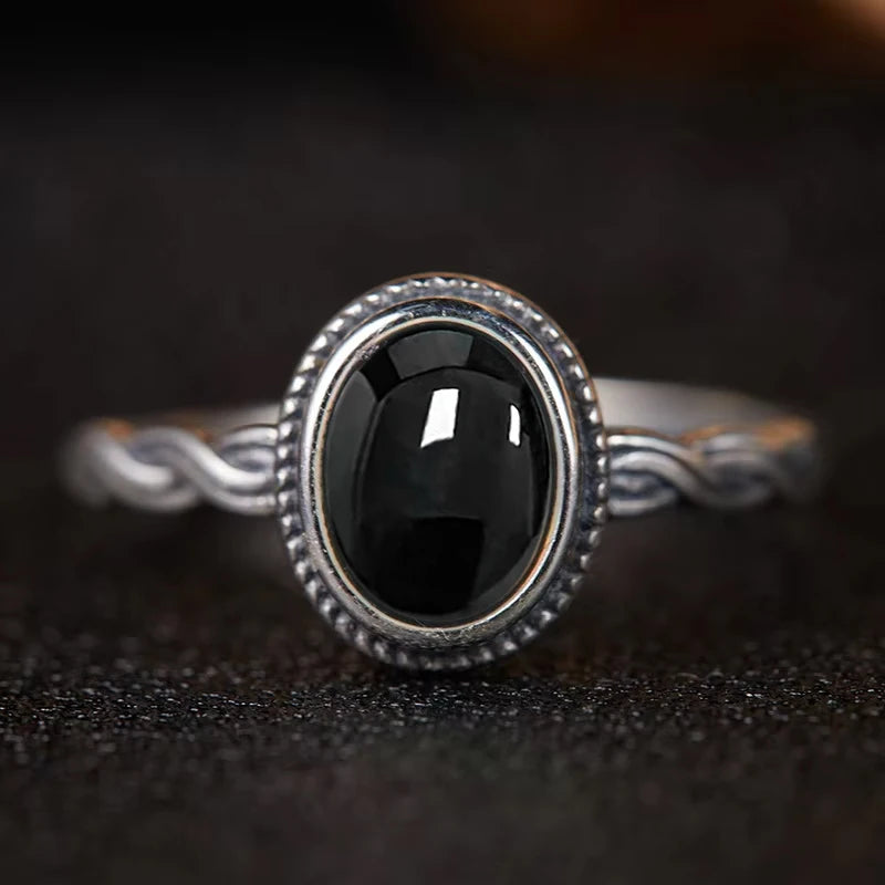 Vintage-Ring aus 925er Silber, natürlicher schwarzer Onyx-Ring, kreisförmiger Denier-Typ, Pferdeauge-Design, Geschenk, edler Schmuck, schwarzer Ring für Männer und Frauen