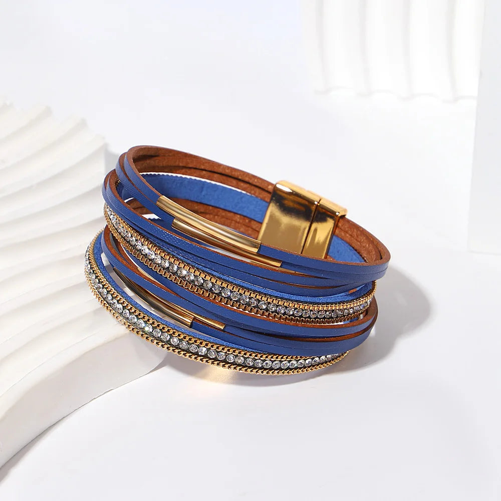 ALLYES Retro Blaue Lederarmbänder für Damen Herren Boho Charm Perle Kristall Herz Mehrschichtiges Wickelarmband & Armreif Schmuck Geschenke