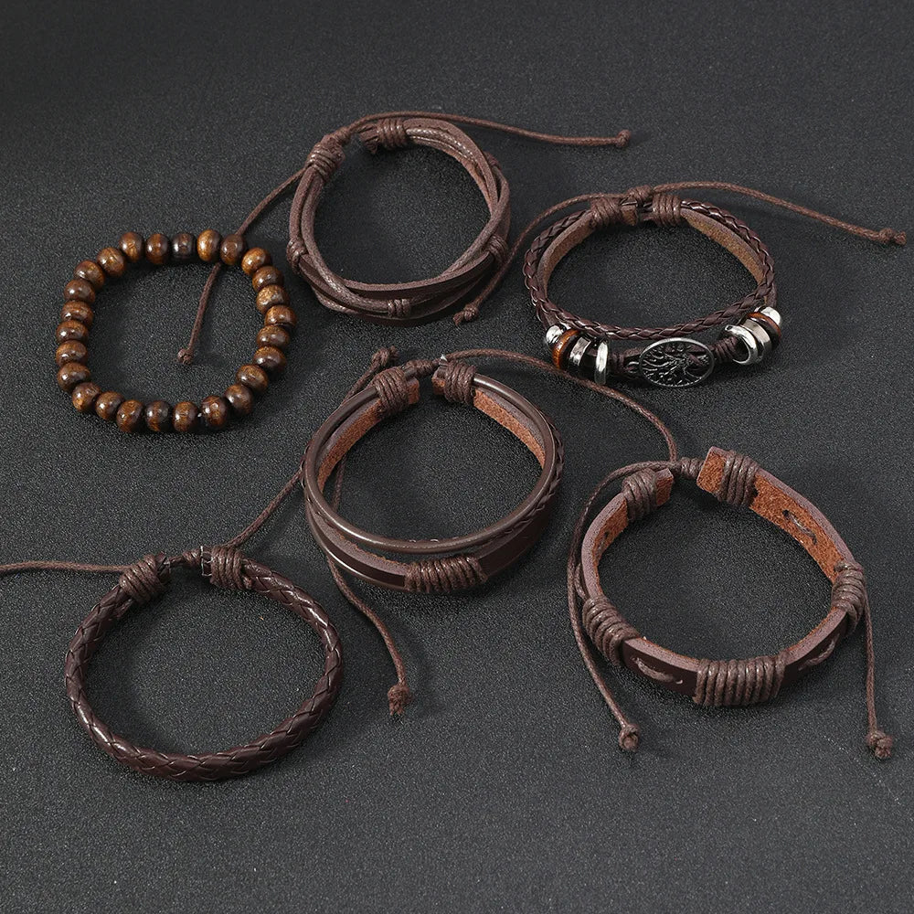 Punk Casual Bead6 Teil/satz Baum Schwarz Khaki Handgemachte Männer Armbänder Männlichen Frauen Leder Armbänder Männer Armreif Großhandel Schmuck Geschenk
