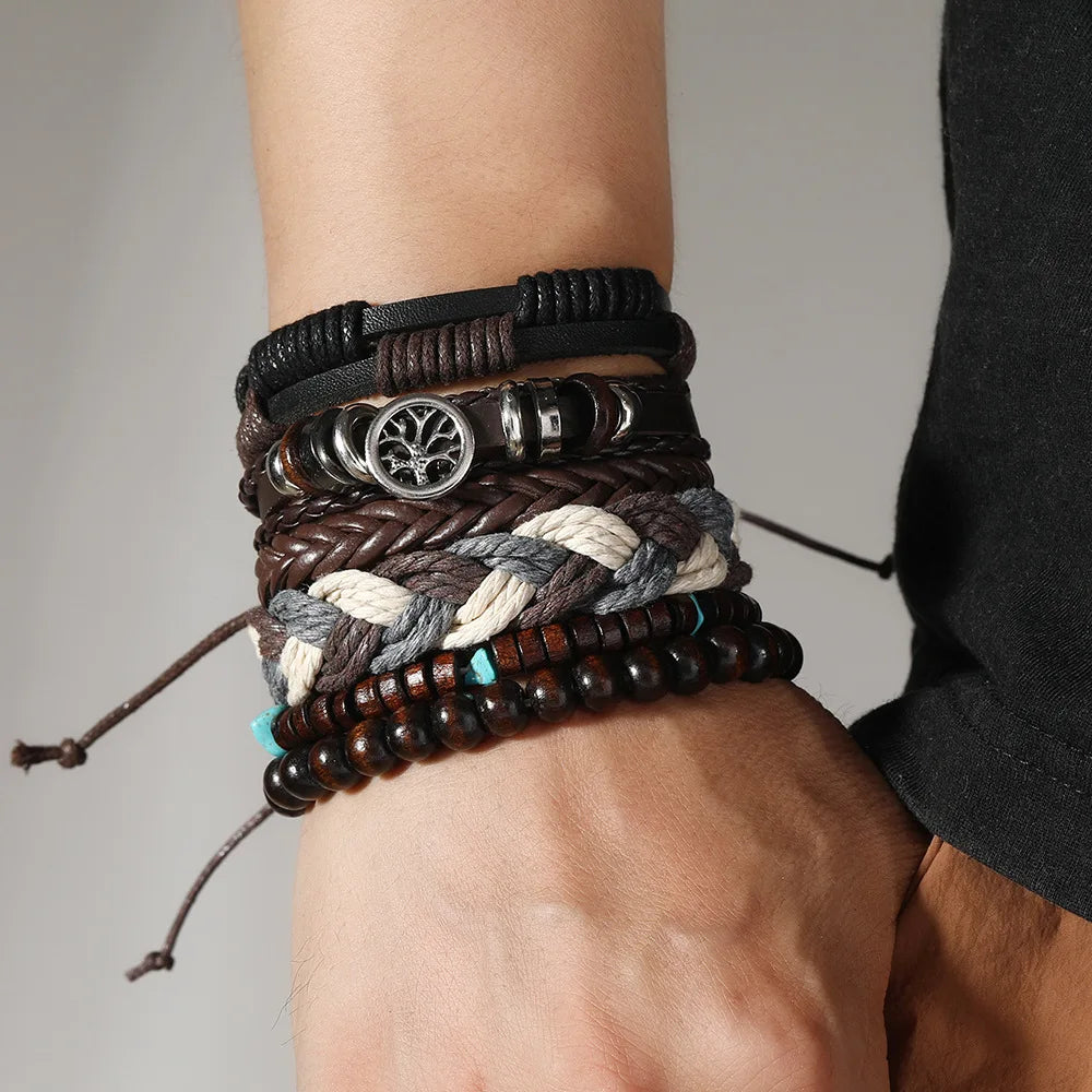 Punk Casual Bead6 Teil/satz Baum Schwarz Khaki Handgemachte Männer Armbänder Männlichen Frauen Leder Armbänder Männer Armreif Großhandel Schmuck Geschenk