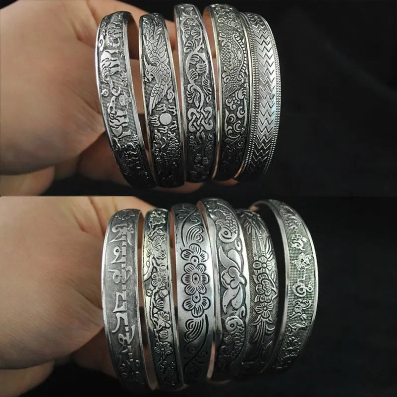 Neue Retro Manschette Armbänder tibetischen Silber Metall schnitzen Fisch Elefant Blume Armreifen Vintage Zigeuner Schmuck weibliche Geschenke