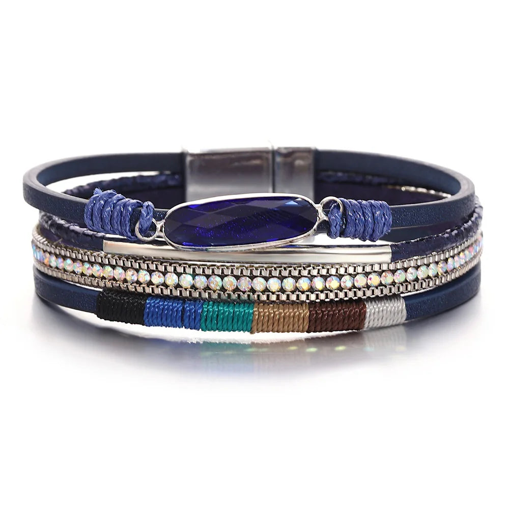 ALLYES Retro Blaue Lederarmbänder für Damen Herren Boho Charm Perle Kristall Herz Mehrschichtiges Wickelarmband & Armreif Schmuck Geschenke