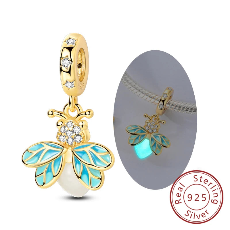 Original-Charm-Perlen aus 925er-Sterlingsilber, leuchtender, leuchtender Glühwürmchen-Schmetterlings-Anhänger für Armband-Charm-Schmuck