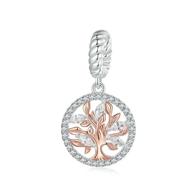WOSTU Muttertags-Charm aus 925er-Sterlingsilber mit Rosenblüten-Anhänger, Baum des Lebens, Herzperlen, passend für Armbänder, Halsketten, DIY-Geschenk für Mama