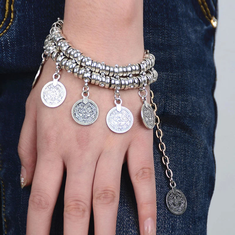 Mode Ethnische Gypsy Paar Armbänder Armreifen Für Frauen Kette Link Münze Charme Quaste Vintage Strand Einstellbare Boho Armbänder