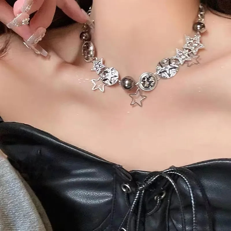 Vintage Y2k Ästhetische Pentagramm Stern Anhänger Silber Farbe Halsband Kette Halskette Für Frauen Coole Hip Hop Schmuck Charme Zubehör