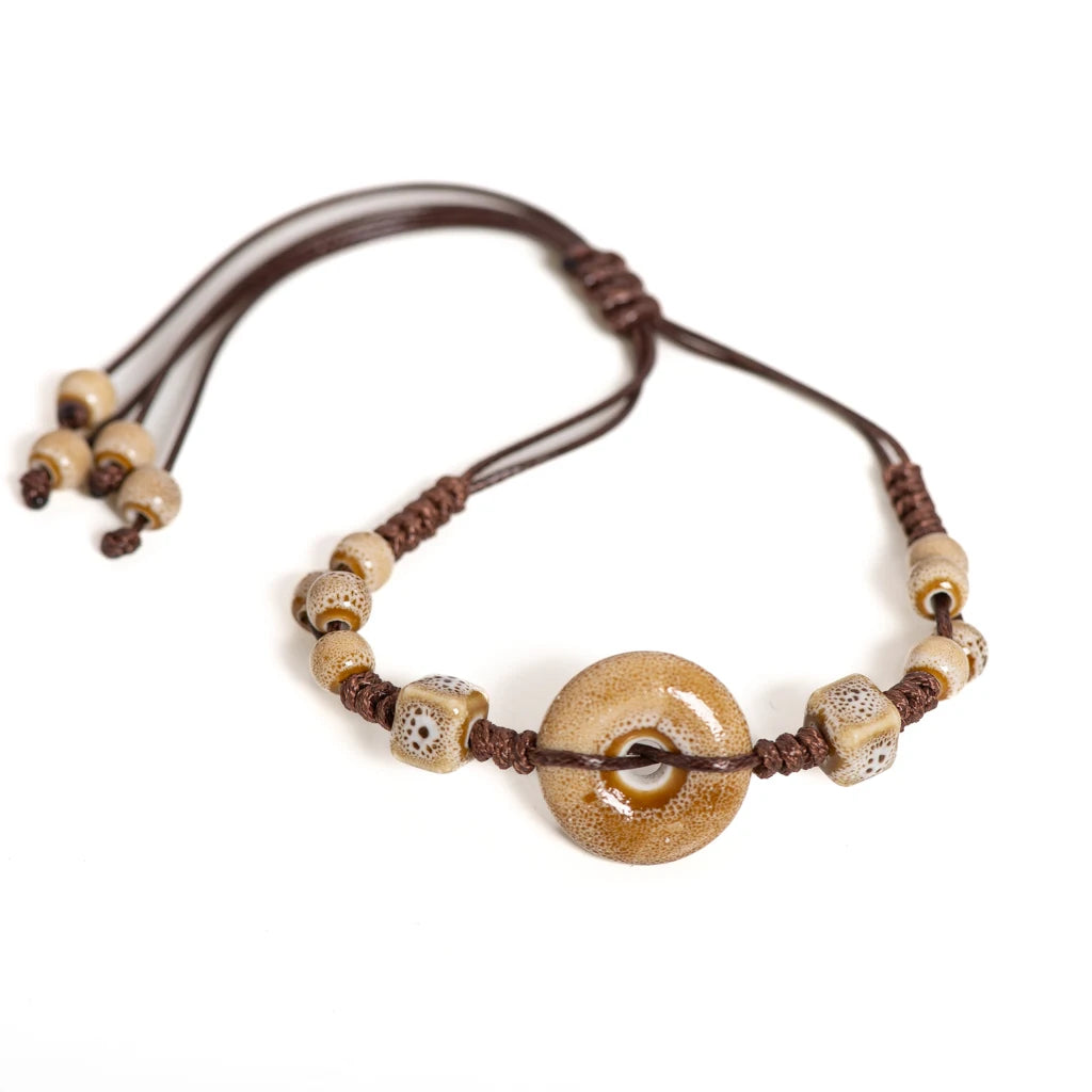Handgefertigtes glasiertes Keramik-Armband mit Friedensschnalle, verstellbarer Vintage-Boho-Schmuck – S02-013