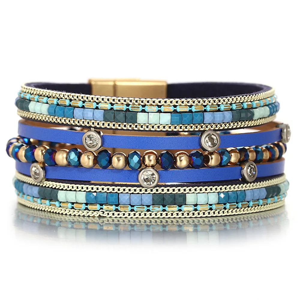 ALLYES Retro Blaue Lederarmbänder für Damen Herren Boho Charm Perle Kristall Herz Mehrschichtiges Wickelarmband & Armreif Schmuck Geschenke