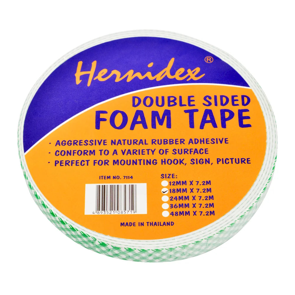 HERNIDEX Doppelseitiges Schaumstoffband 12 mm x 7,2 m, robuster Kleber zur Montage von Haken, Singen, Bildern, entsprechen einer Vielzahl von Oberflächen