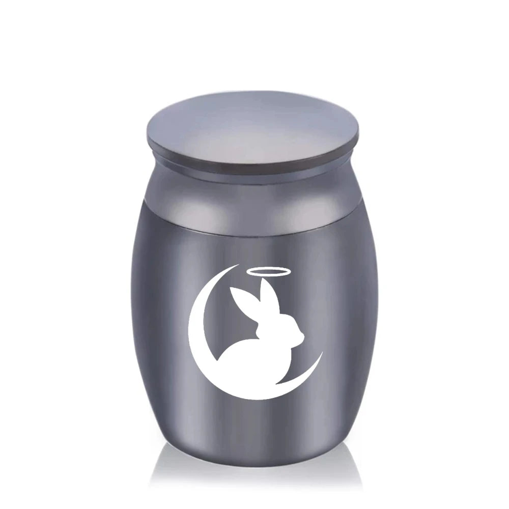 Niedlichen Kaninchen und Mond Feuerbestattung Andenken Urnen für Menschlichen Asche von Pet Mini Kleine Beerdigung Sarg Titan Edelstahl Engel Memorial jar