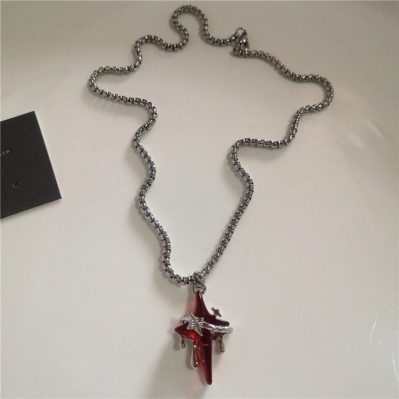Gothic Rotes Kreuz Stern Herz Anhänger Halskette Für Frauen Männer Hip Hop Straße Vintage Y2K Grunge Punk Y2K Ästhetischen Schmuck Geschenke