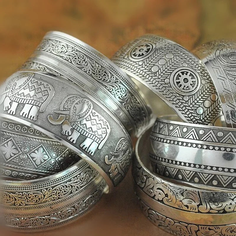 32-Stil Vintage-Manschettenarmband, tibetisch versilbert, geschnitzte Blume, Tier-Öffnungsarmreif, verstellbar, indischer Schmuck, Damen-Geschenke