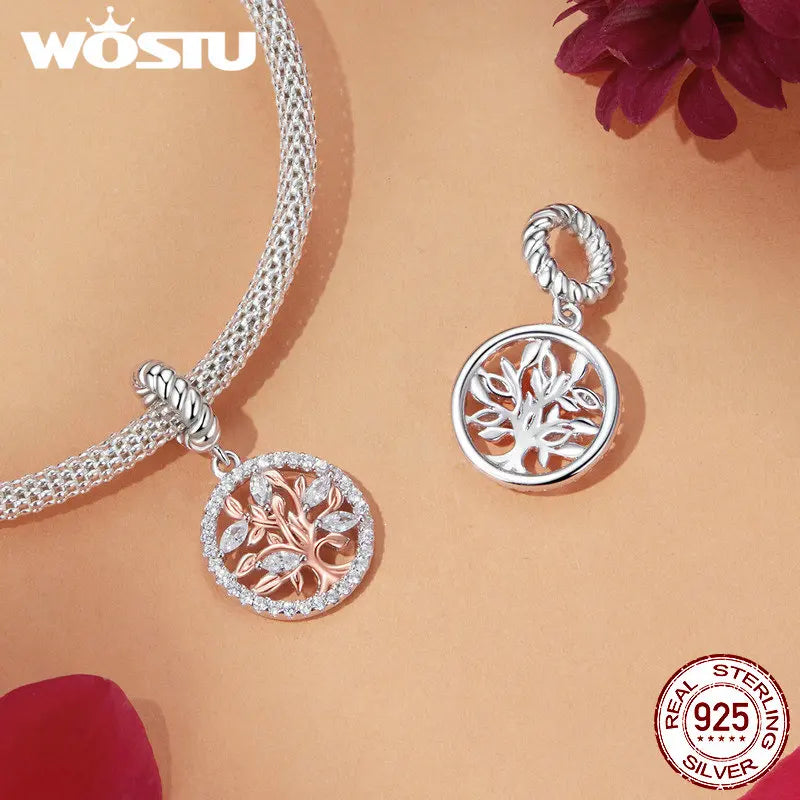 WOSTU Muttertags-Charm aus 925er-Sterlingsilber mit Rosenblüten-Anhänger, Baum des Lebens, Herzperlen, passend für Armbänder, Halsketten, DIY-Geschenk für Mama