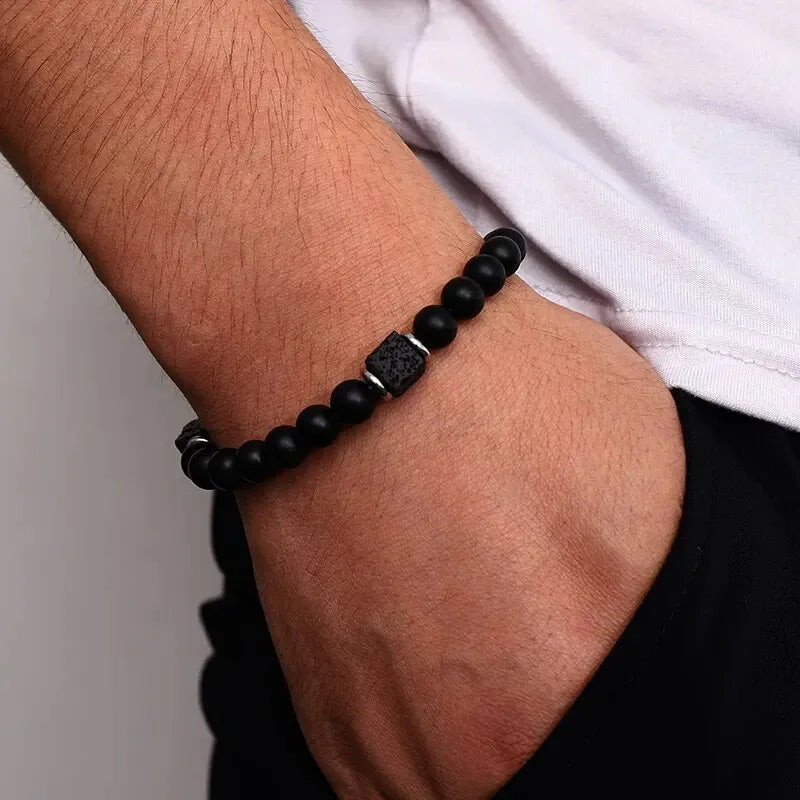 1PC Pulseras Hombre Vintage Tribal Holz Perlen Mann Armbänder Pulseiras Masculina Lava Stein Perlen Männliche Armbänder Homme
