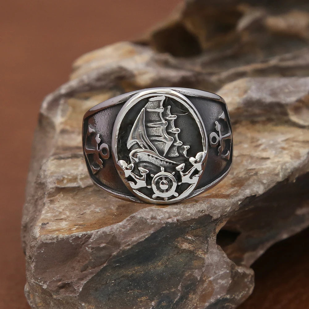 Mode Vintage Nordic Segelboot Piraten Ring Männlichen 316L Edelstahl Viking Kompass Ringe Biker Amulett Schmuck Geschenk Großhandel