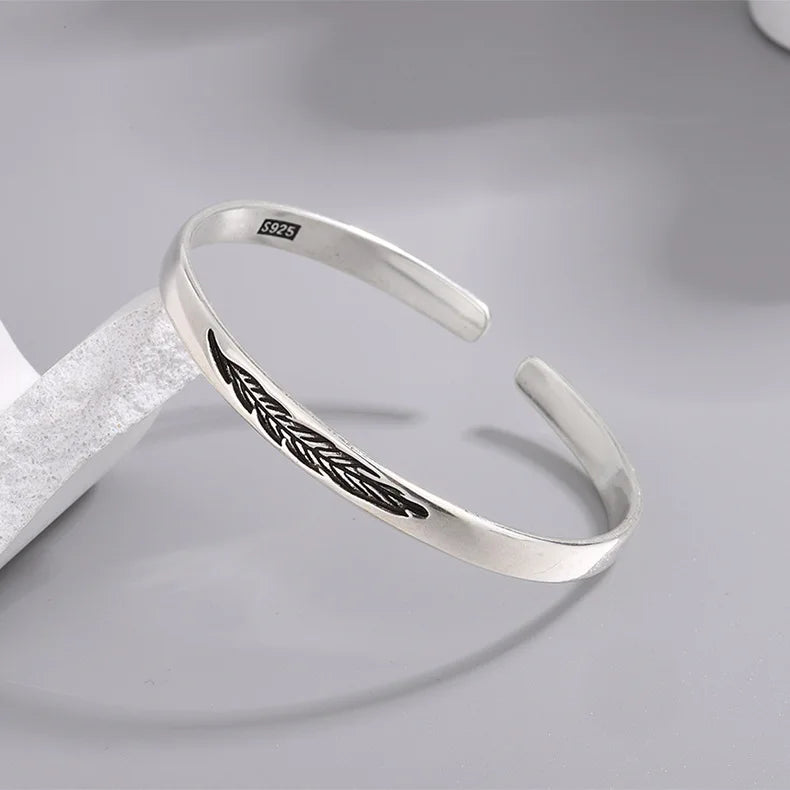 Neue Ankunft Retro Einfache Feder Armreifen 925 Sterling Silber Temperament Persönlichkeit Beliebte Öffnung Armbänder TYB304