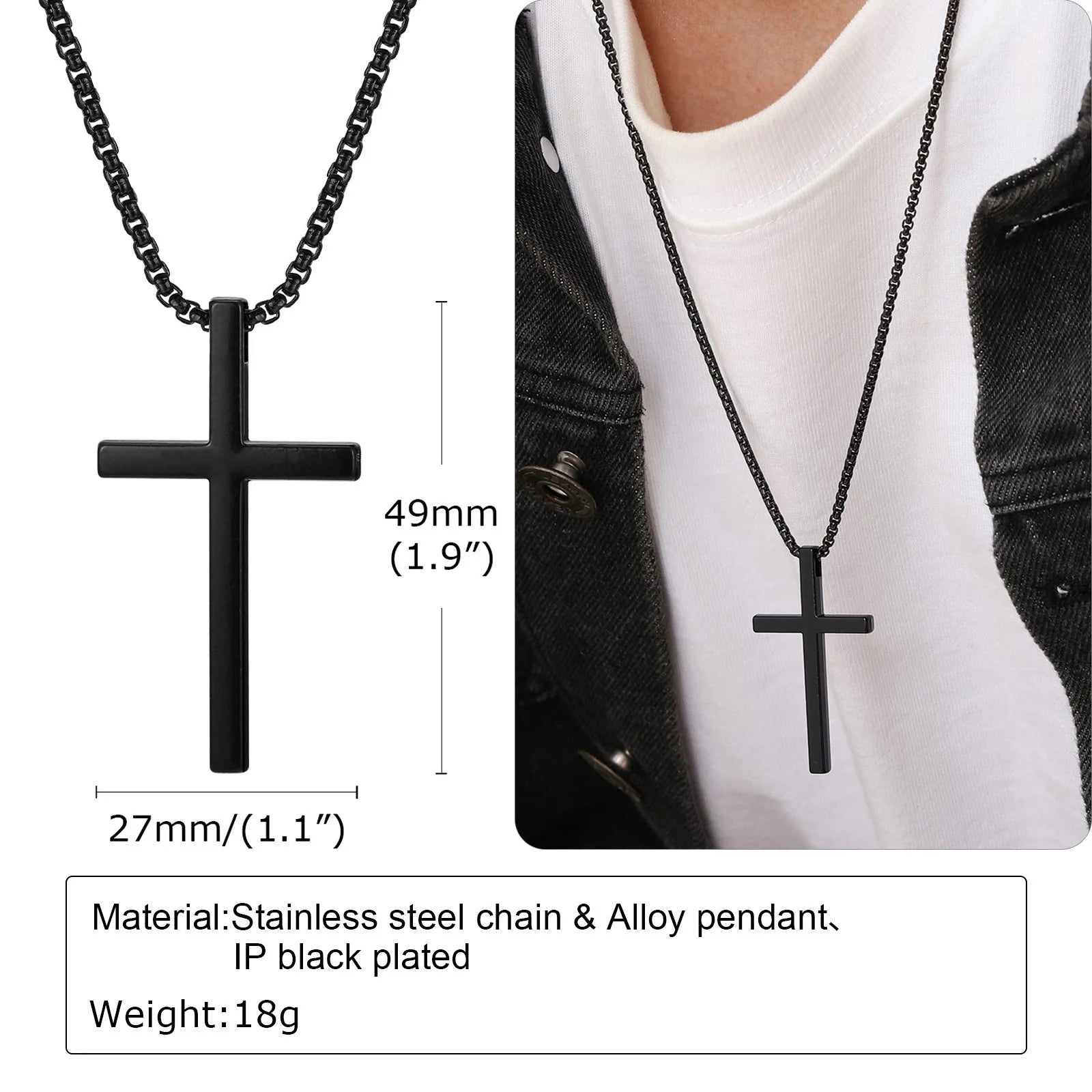 Vnox Kreuz-Halskette für Männer und Frauen, silberfarbenes, schlichtes Kreuz-Anhänger-Kragen mit Edelstahl-Kastenkette