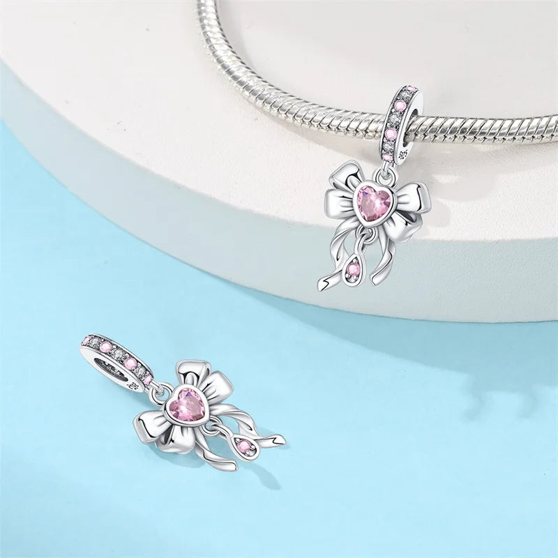 Rosa Charms aus 925er-Sterlingsilber, Perlen, Schmetterling, Parfümflasche, Krone, herzförmiger Zirkon, Charms für Frauen, feiner DIY-Schmuck, Geschenke
