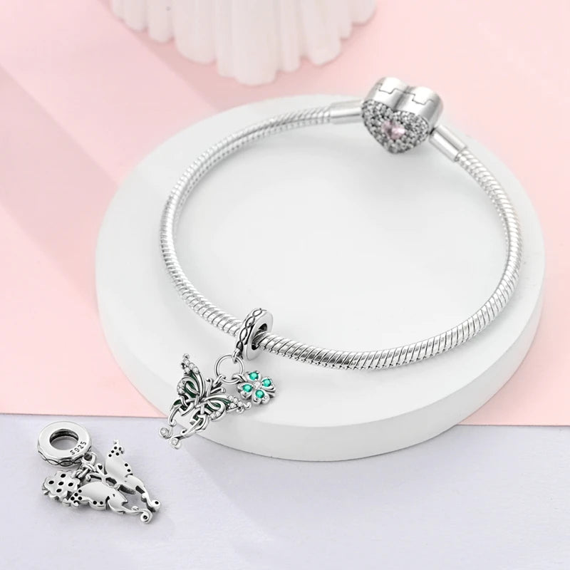 Neu im 925er-Sterlingsilber, grüne Charms, Perlen, Frosch, Kleeblatt, Schildkröte, Anhänger, Schmuck, passend für Original-925-Armbänder für Frauen, DIY-Geschenk