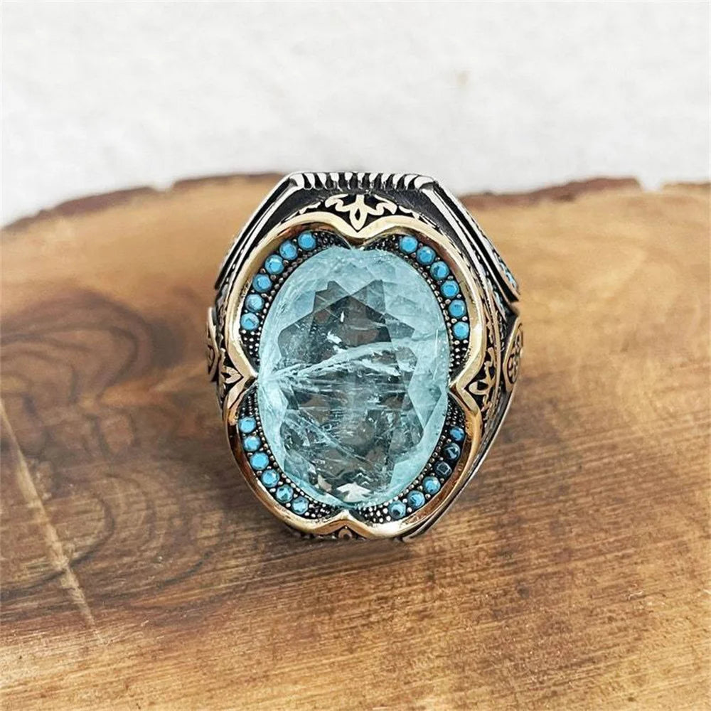 Vintage Herren handgemachte türkische blaue Zirkon Stein Ring alte Silber Farbe Muster Ring trendige islamische religiöse muslimische Schmuck