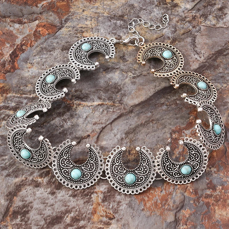 Ethnische Antike Silber Farbe Mond Choker Halsketten für Frauen Boho Türkis Halskette Mädchen Partei Schmuck Geschenke