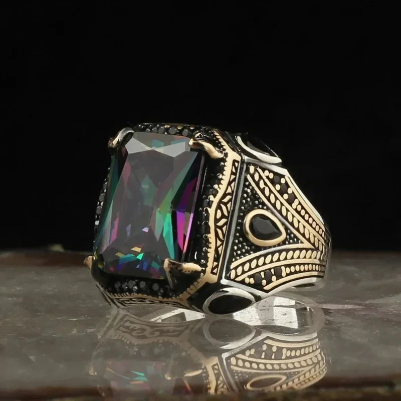 Retro handgemachte türkische Siegelringe für Männer alte silberne Farbe geschnitzten Ring mystischen Zirkon Inlay neuen Punk Motor Biker Ring
