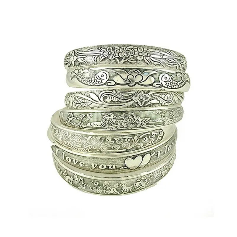 Neue Retro Manschette Armbänder tibetischen Silber Metall schnitzen Fisch Elefant Blume Armreifen Vintage Zigeuner Schmuck weibliche Geschenke