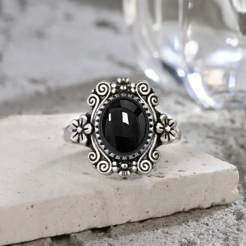 Vintage-Ring aus 925er Silber, natürlicher schwarzer Onyx-Ring, kreisförmiger Denier-Typ, Pferdeauge-Design, Geschenk, edler Schmuck, schwarzer Ring für Männer und Frauen