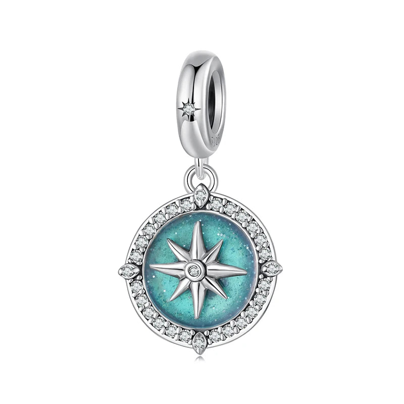 Bamoer Kompass-Anhänger aus 925er-Sterlingsilber, Emaille, blau, voll eingekreist, Zirkon-Perlen für Frauen, DIY-Halsketten-Zubehör, Kristall-Geschenk